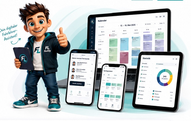 Buddy, der digitale FL-Buddy-Fahrlehrerassistent, mit App-Ansichten